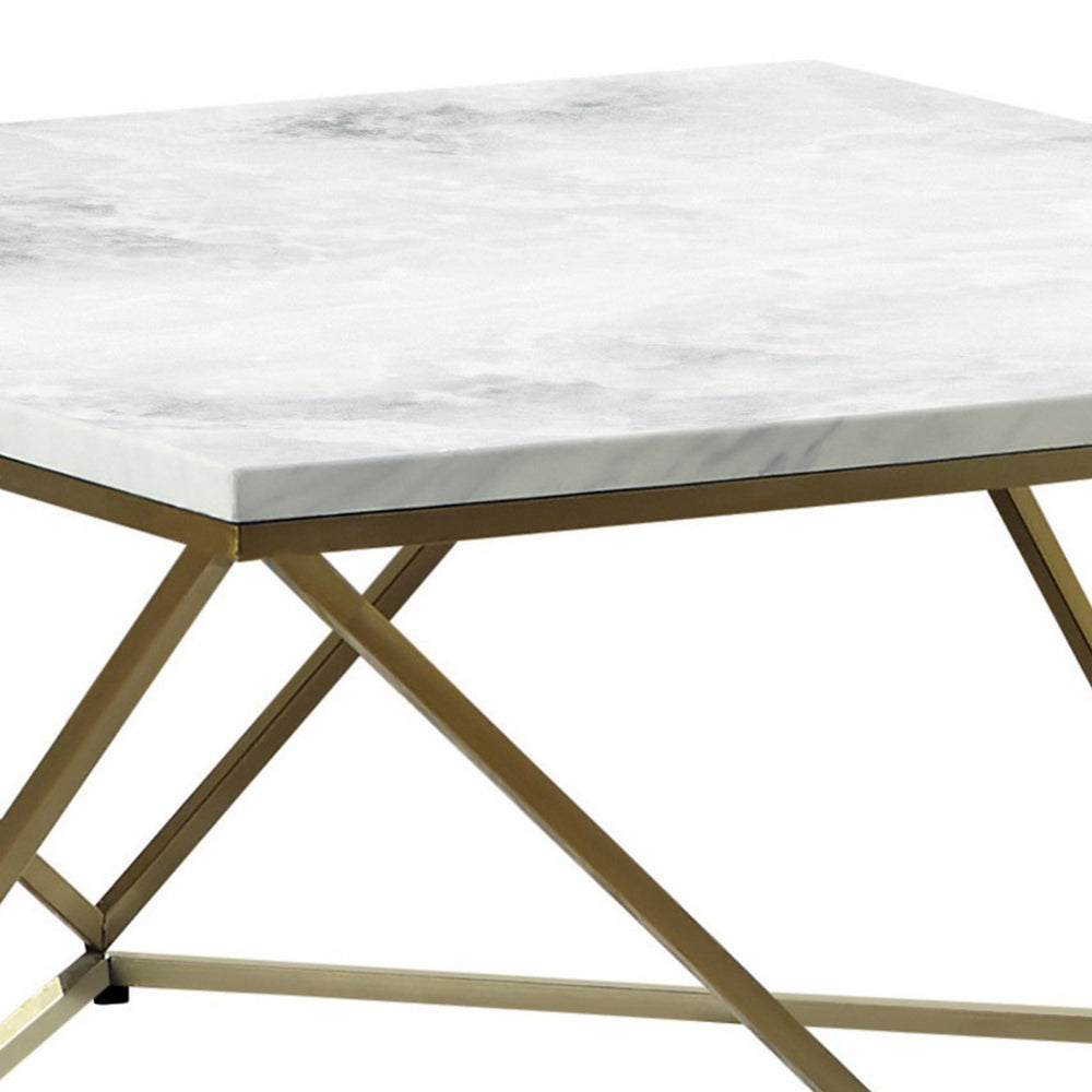 36 Inch Modern Square Coffee Table, White Faux Marble Top, Slender Gold Base - BM294154