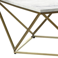 36 Inch Modern Square Coffee Table, White Faux Marble Top, Slender Gold Base - BM294154