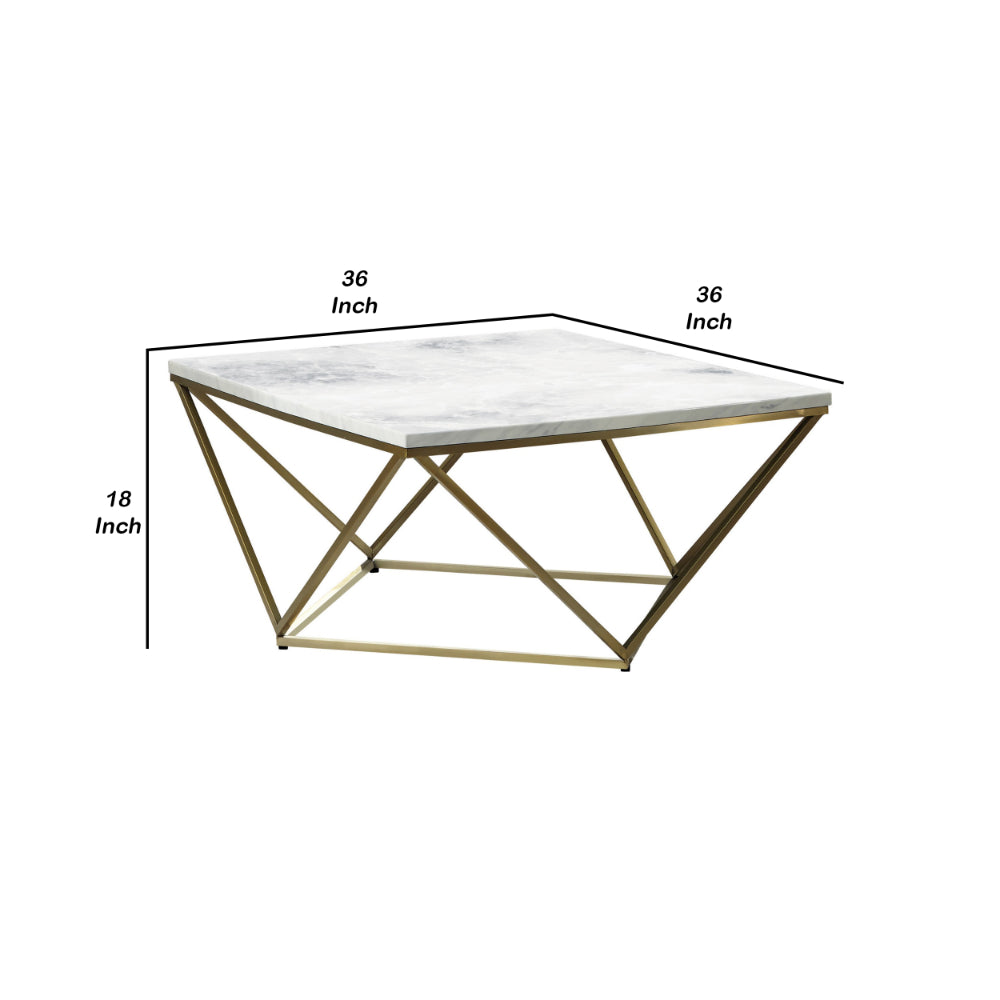 36 Inch Modern Square Coffee Table, White Faux Marble Top, Slender Gold Base - BM294154