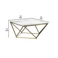 36 Inch Modern Square Coffee Table, White Faux Marble Top, Slender Gold Base - BM294154