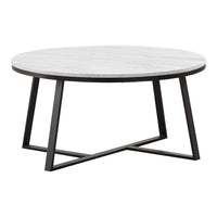 36 Inch Coffee Table, Faux Marble Tabletop, Sturdy Metal Base, White, Black - BM294165