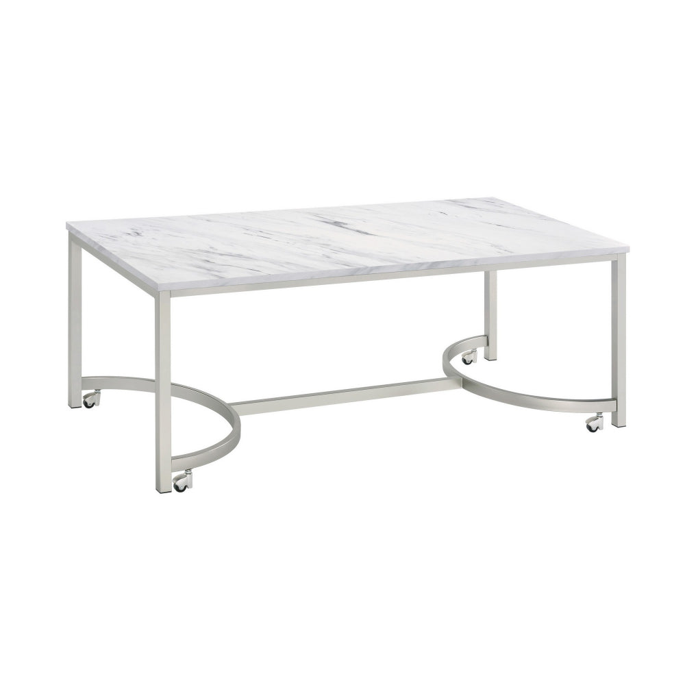 46 Inch Coffee Table, Faux Marble Surface, Silver Finished Geometric Base - BM294179