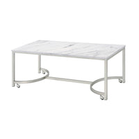 46 Inch Coffee Table, Faux Marble Surface, Silver Finished Geometric Base - BM294179