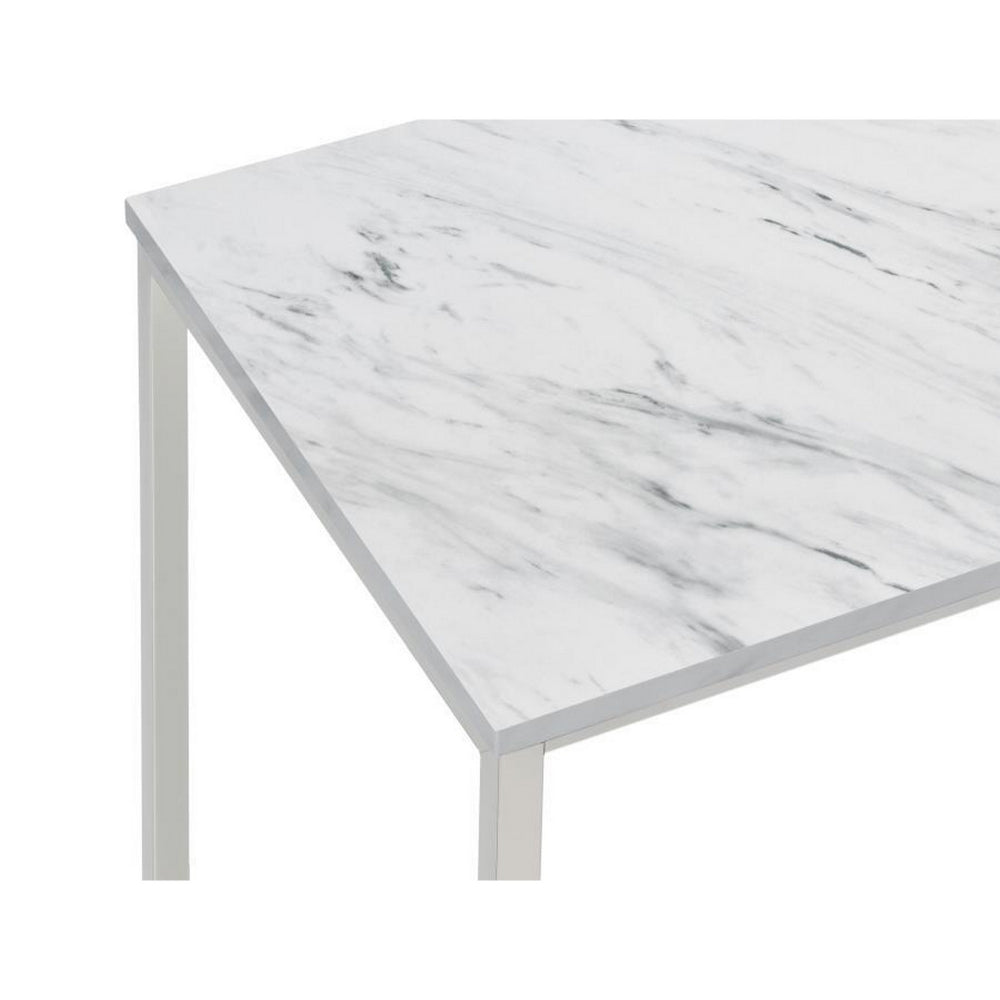 46 Inch Coffee Table, Faux Marble Surface, Silver Finished Geometric Base - BM294179