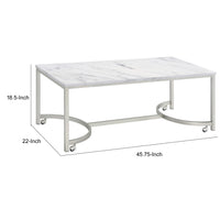 46 Inch Coffee Table, Faux Marble Surface, Silver Finished Geometric Base - BM294179