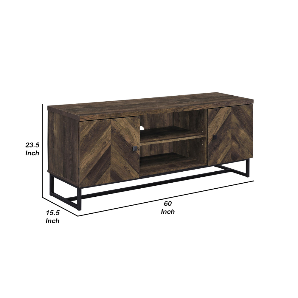 60 Inch TV Media Console Cabinet, 2 Herringbone Doors, Rustic Brown Wood - BM294186