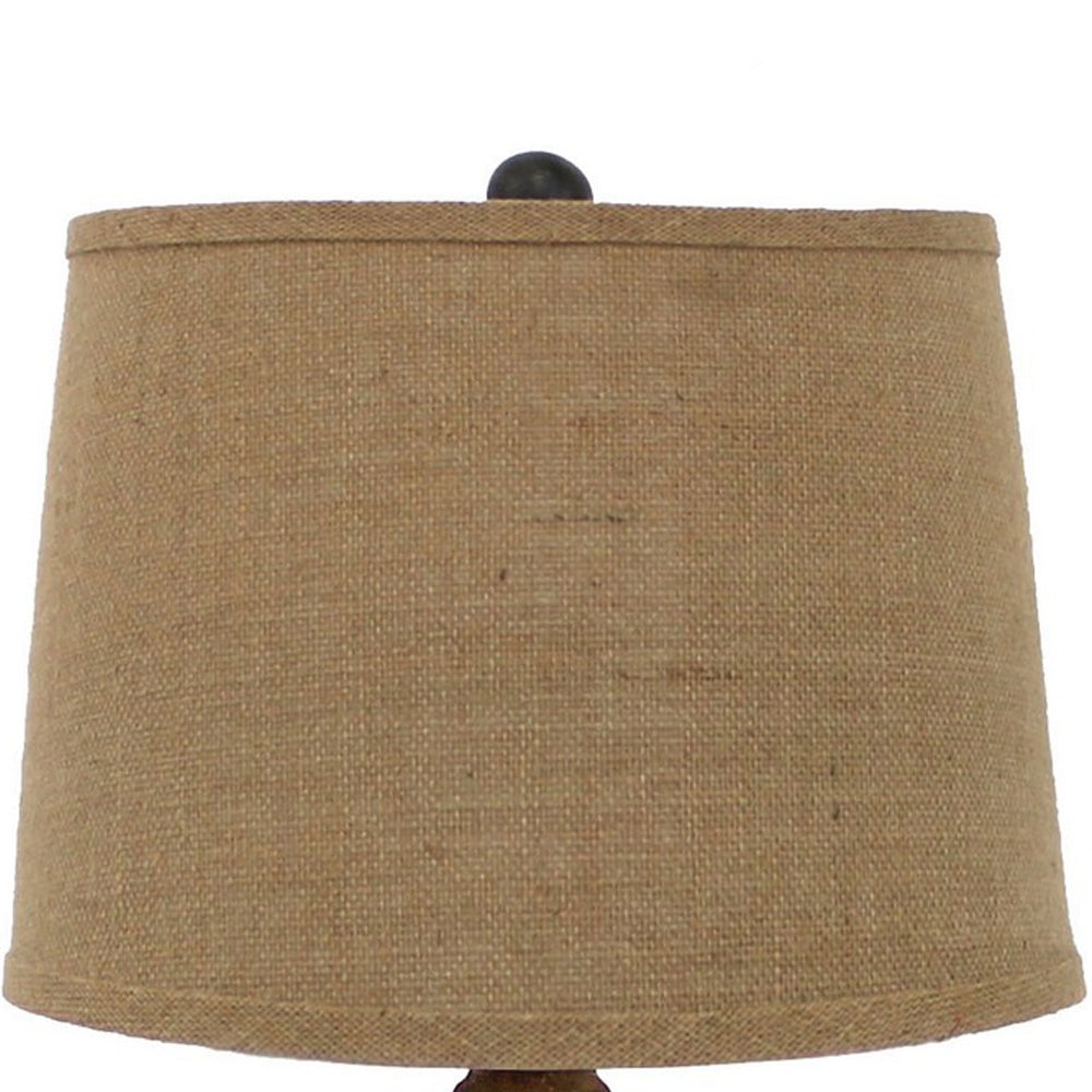 27 Inch Rustic Table Lamp, Round Linen Shade, Distressed Wood Base, Khaki - BM294239