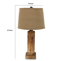 27 Inch Rustic Table Lamp, Round Linen Shade, Distressed Wood Base, Khaki - BM294239