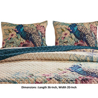 Ufa 36 Inch Quilted King Pillow Sham, Peacock Print, Vermicelli Stitching - BM294299