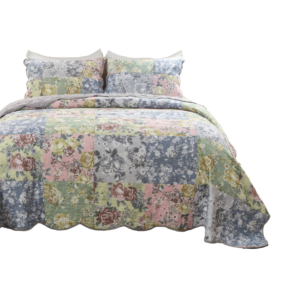 Eni 3 Piece Queen Cotton Quilt Set, Vibrant Pastel Blue Flowers, Scalloped - BM294302