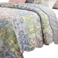 Eni 3 Piece Queen Cotton Quilt Set, Vibrant Pastel Blue Flowers, Scalloped - BM294302