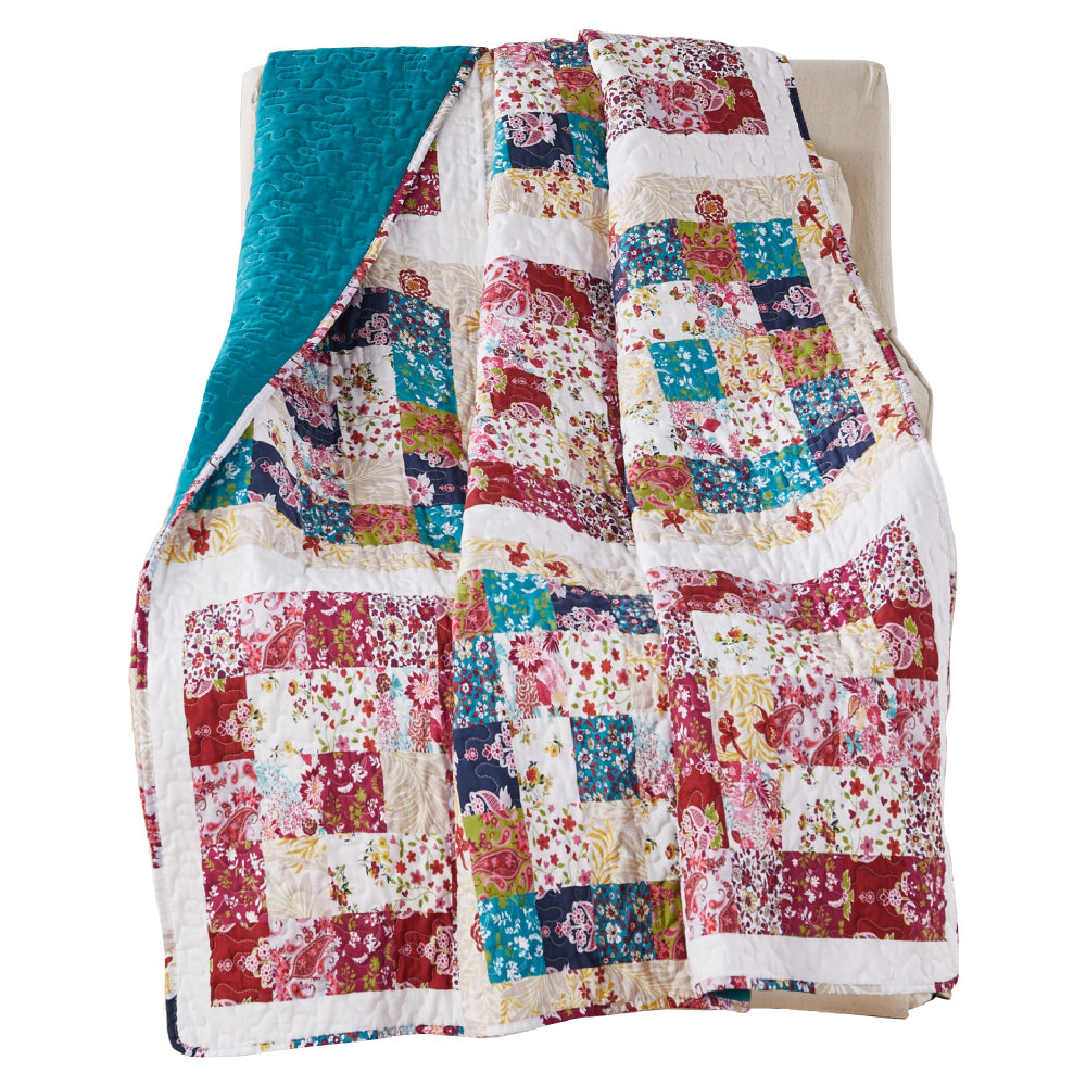 Zay 60 Inch Throw Blanket, Patchwork Floral Print, Teal Blue Microfiber - BM294309