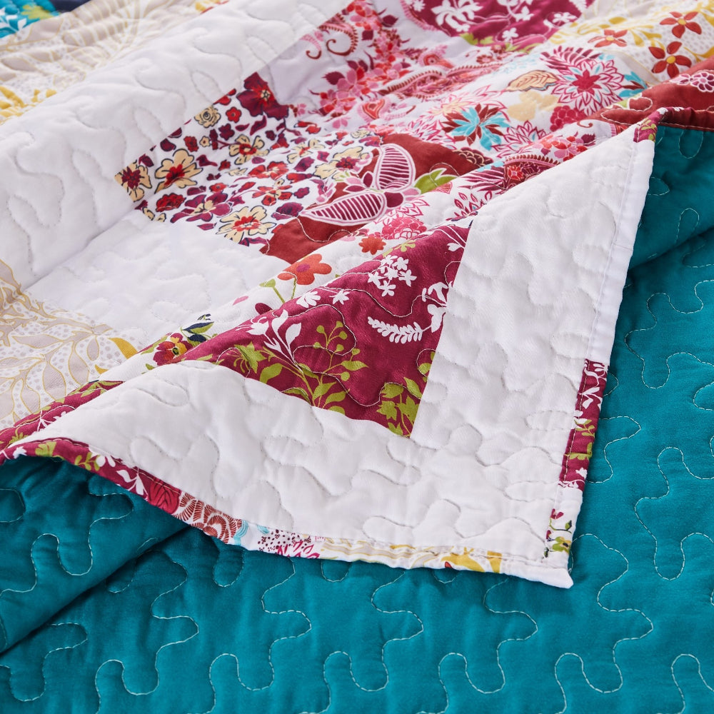 Zay 60 Inch Throw Blanket, Patchwork Floral Print, Teal Blue Microfiber - BM294309
