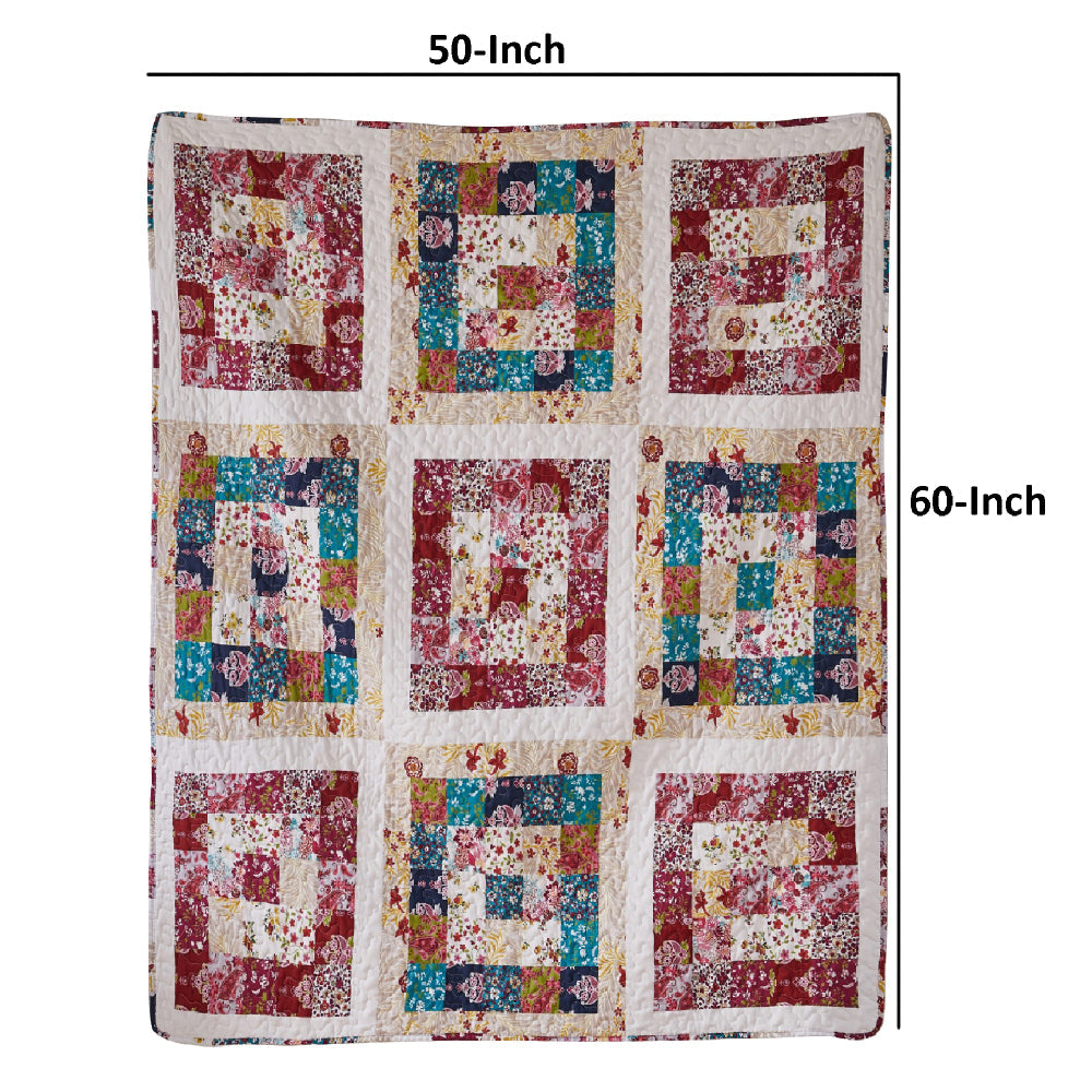 Zay 60 Inch Throw Blanket, Patchwork Floral Print, Teal Blue Microfiber - BM294309