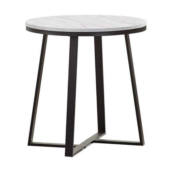 24 Inch End Table, White Faux Marble Round Top, Artisanal Metal Framework - BM294798