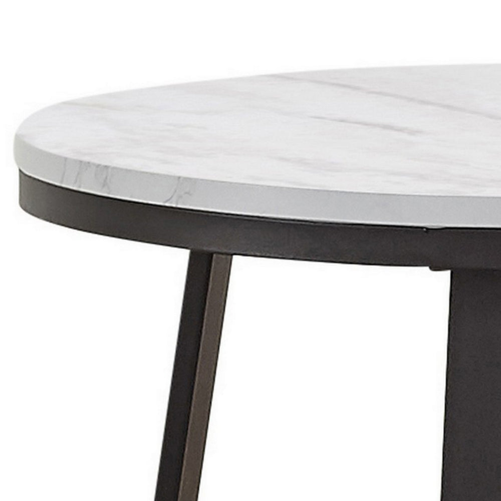 24 Inch End Table, White Faux Marble Round Top, Artisanal Metal Framework - BM294798