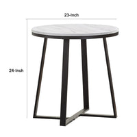 24 Inch End Table, White Faux Marble Round Top, Artisanal Metal Framework - BM294798