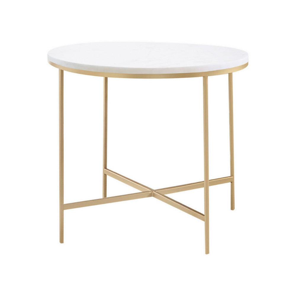 24 Inch Side End Table, Rounded Marble Surface, Sleek Gold Metal Frame - BM294821