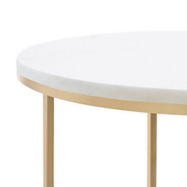 24 Inch Side End Table, Rounded Marble Surface, Sleek Gold Metal Frame - BM294821