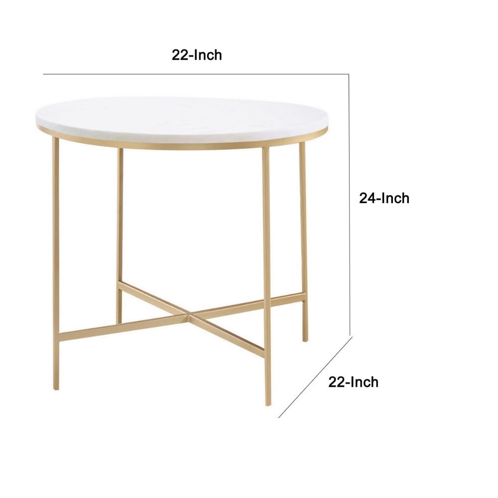 24 Inch Side End Table, Rounded Marble Surface, Sleek Gold Metal Frame - BM294821
