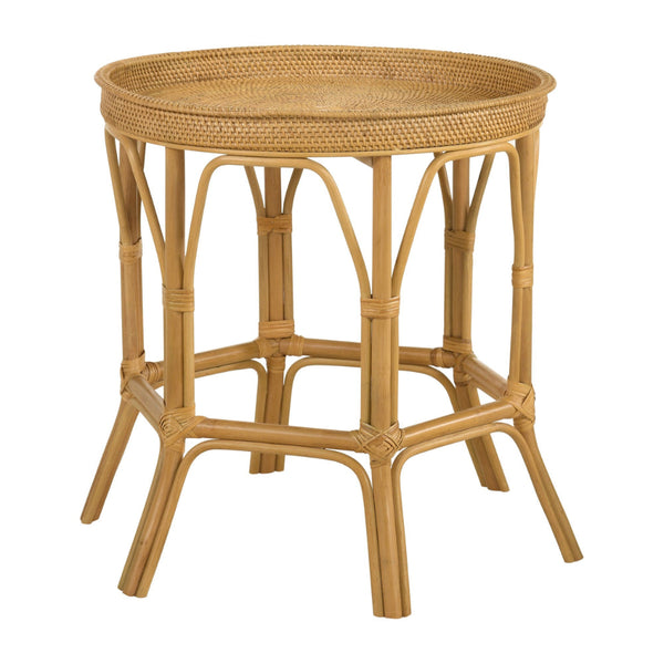 Raya 26 Inch Accent Table, Round Woven Rattan Tray Top, Natural Brown Color - BM294830