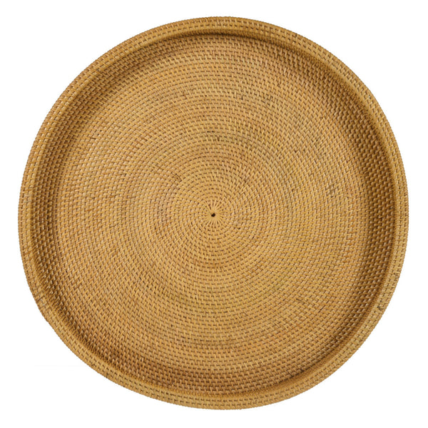 Raya 26 Inch Accent Table, Round Woven Rattan Tray Top, Natural Brown Color - BM294830