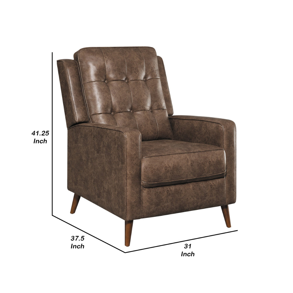 31 Inch Push Back Recliner, Tufted, Tapered Legs, Rich Brown Faux Leather - BM295080