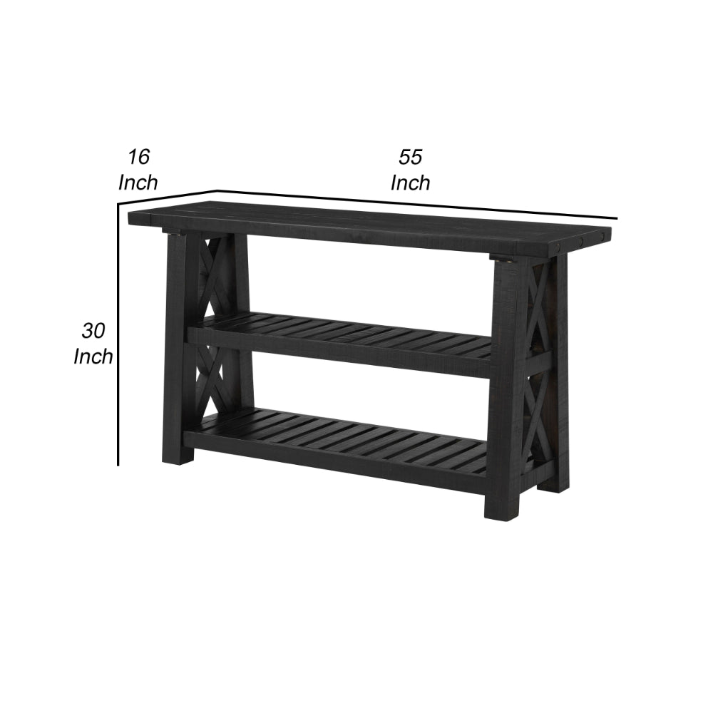 Elena 55 Inch Sofa Console Table, 2 Shelves, Industrial Bolts, Black FInish - BM295411