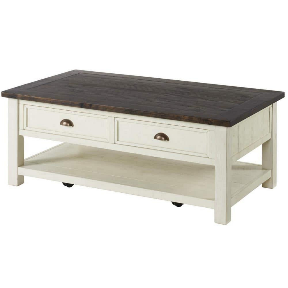 Fiya 50 Inch Coastal Coffee Table with 2 Drawers and 1 Shelf, Brown, White - BM295413