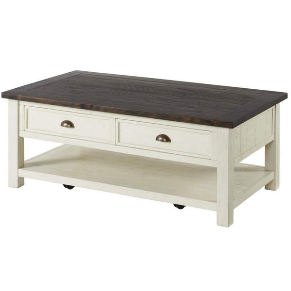 Fiya 50 Inch Coastal Coffee Table with 2 Drawers and 1 Shelf, Brown, White - BM295413