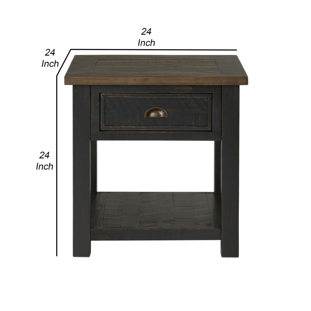 Fiya 24 Inch Coastal End Table, Drawer, Shelf, Miter Cut Top, Brown, Black - BM295414