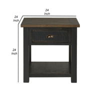 Fiya 24 Inch Coastal End Table, Drawer, Shelf, Miter Cut Top, Brown, Black - BM295414