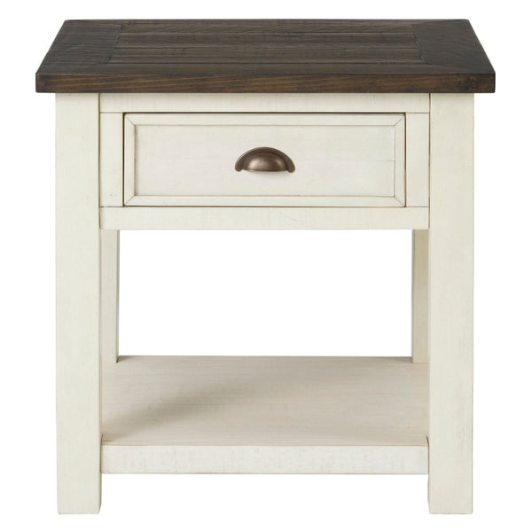 Fiya 24 Inch Coastal End Table, Drawer, Shelf, Miter Cut Top, Brown, White - BM295417