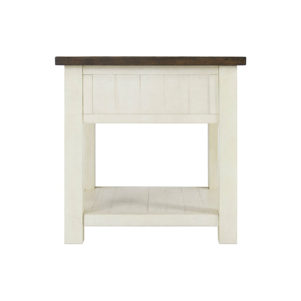 Fiya 24 Inch Coastal End Table, Drawer, Shelf, Miter Cut Top, Brown, White - BM295417