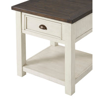 Fiya 24 Inch Coastal End Table, Drawer, Shelf, Miter Cut Top, Brown, White - BM295417