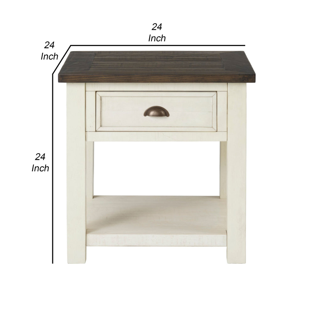 Fiya 24 Inch Coastal End Table, Drawer, Shelf, Miter Cut Top, Brown, White - BM295417