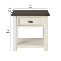 Fiya 24 Inch Coastal End Table, Drawer, Shelf, Miter Cut Top, Brown, White - BM295417