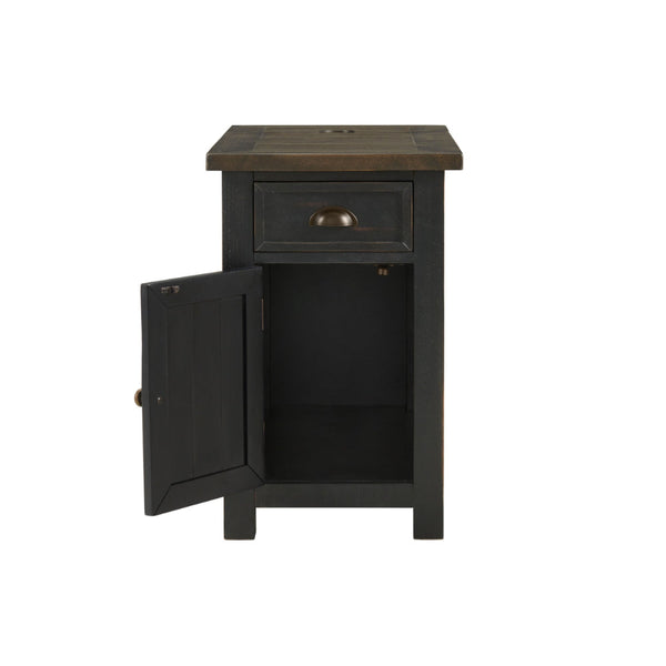 Fiya 25 Inch Chairside End Table Cabinet, Drawer, USB Ports, Black, Brown - BM295430