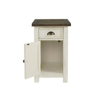 Fiya 25 Inch Chairside End Table Cabinet, Drawer, USB Ports, White, Brown - BM295431