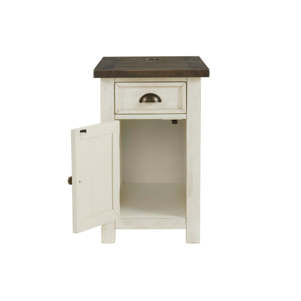 Fiya 25 Inch Chairside End Table Cabinet, Drawer, USB Ports, White, Brown - BM295431