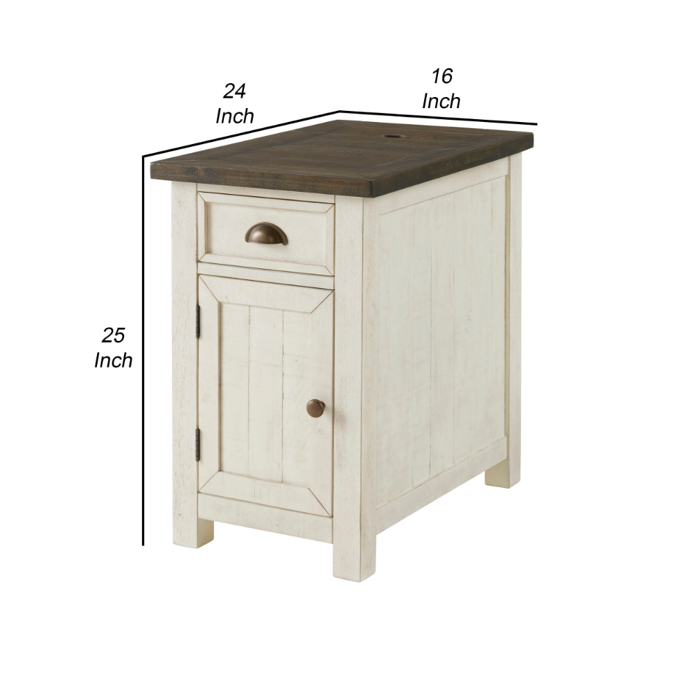 Fiya 25 Inch Chairside End Table Cabinet, Drawer, USB Ports, White, Brown - BM295431