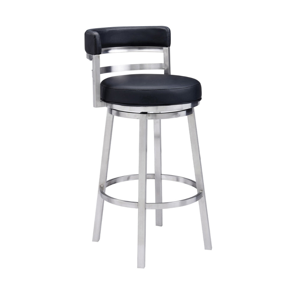 Eva 30 Inch Padded Swivel Bar Stool Chair, Steel Finish, Black Faux Leather - BM295473