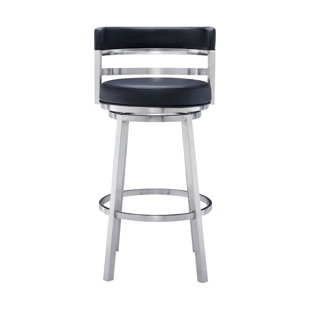 Eva 30 Inch Padded Swivel Bar Stool Chair, Steel Finish, Black Faux Leather - BM295473