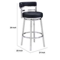 Eva 30 Inch Padded Swivel Bar Stool Chair, Steel Finish, Black Faux Leather - BM295473