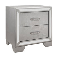 Aisha 24 Inch 2 Drawer Nightstand, Embossed Front, Mirror Trim, Silver Wood - BM295554