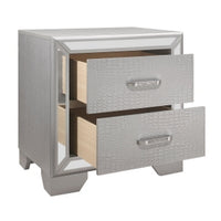 Aisha 24 Inch 2 Drawer Nightstand, Embossed Front, Mirror Trim, Silver Wood - BM295554