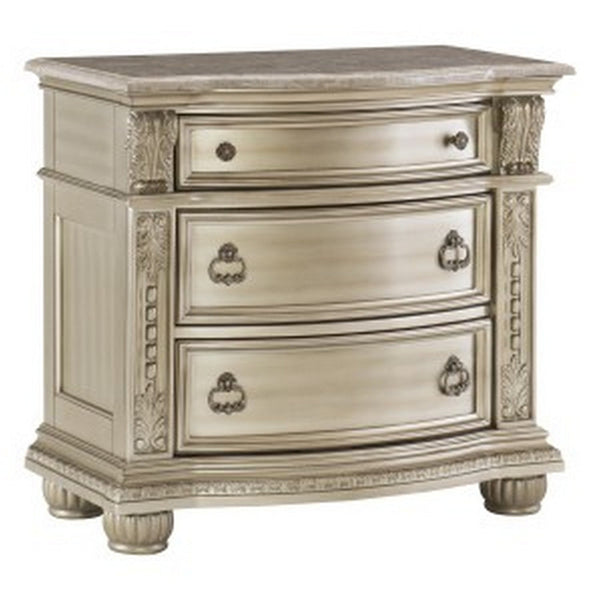 Caitlin 35 Inch 3 Drawer Nightstand with Marble Top, Leaf Carvings, Silver - BM295557