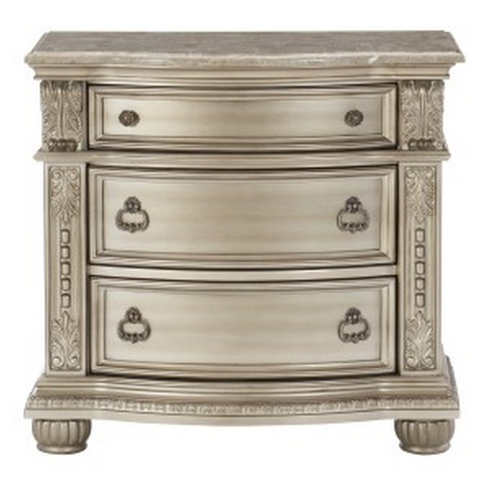 Caitlin 35 Inch 3 Drawer Nightstand with Marble Top, Leaf Carvings, Silver - BM295557