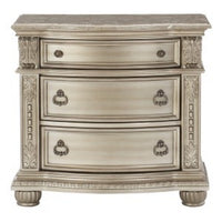 Caitlin 35 Inch 3 Drawer Nightstand with Marble Top, Leaf Carvings, Silver - BM295557