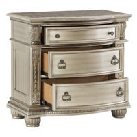 Caitlin 35 Inch 3 Drawer Nightstand with Marble Top, Leaf Carvings, Silver - BM295557